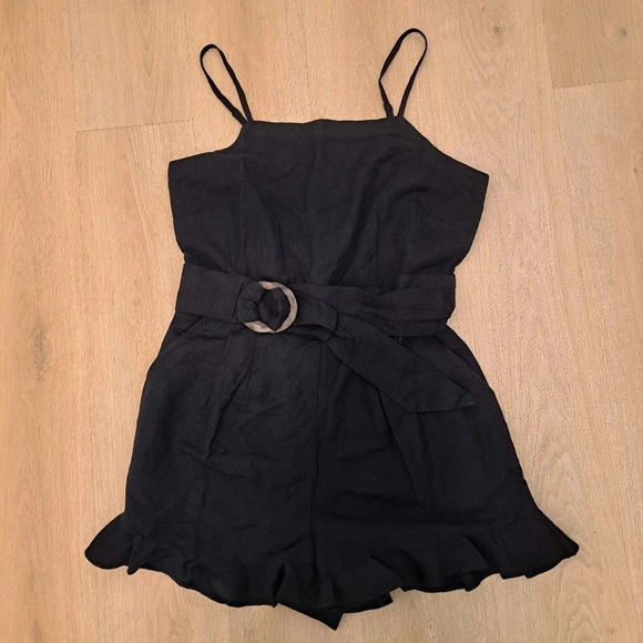 NEW LOFT Black Ruffle Belted Sleeveless Linen Blend One Piece Romper Size 10 - Picture 3 of 7